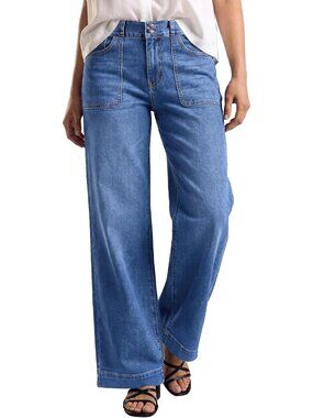 Women's Blue Elastic High Waisted Stretchy Front Big Pocket Straight Leg Jeans